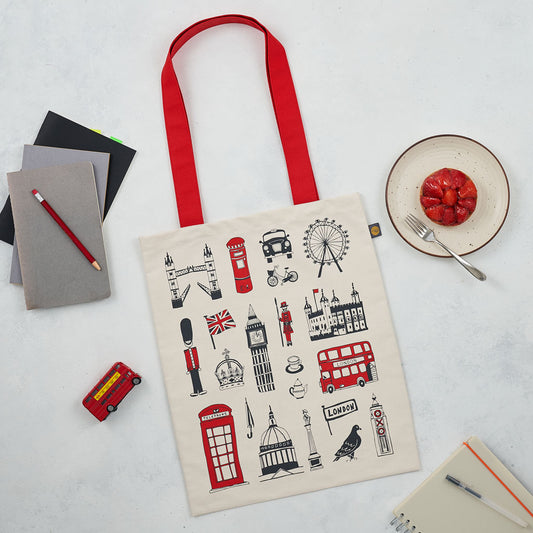 London icons Canvas shopper bag, London bus, big ben, Oxo Tower, post box, taxi, telephone box, hand made in Britain, Victoria eggs,