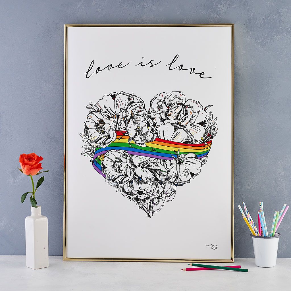 Love is Love, LGBTQ, Gay Pride, A3 print, A4 print, giclee print, wall art, digital print, rainbow, heart, roses, hand decorated, handmade in Britain, Victoria Eggs. Rainbow, roses, heart shaped, illustration.