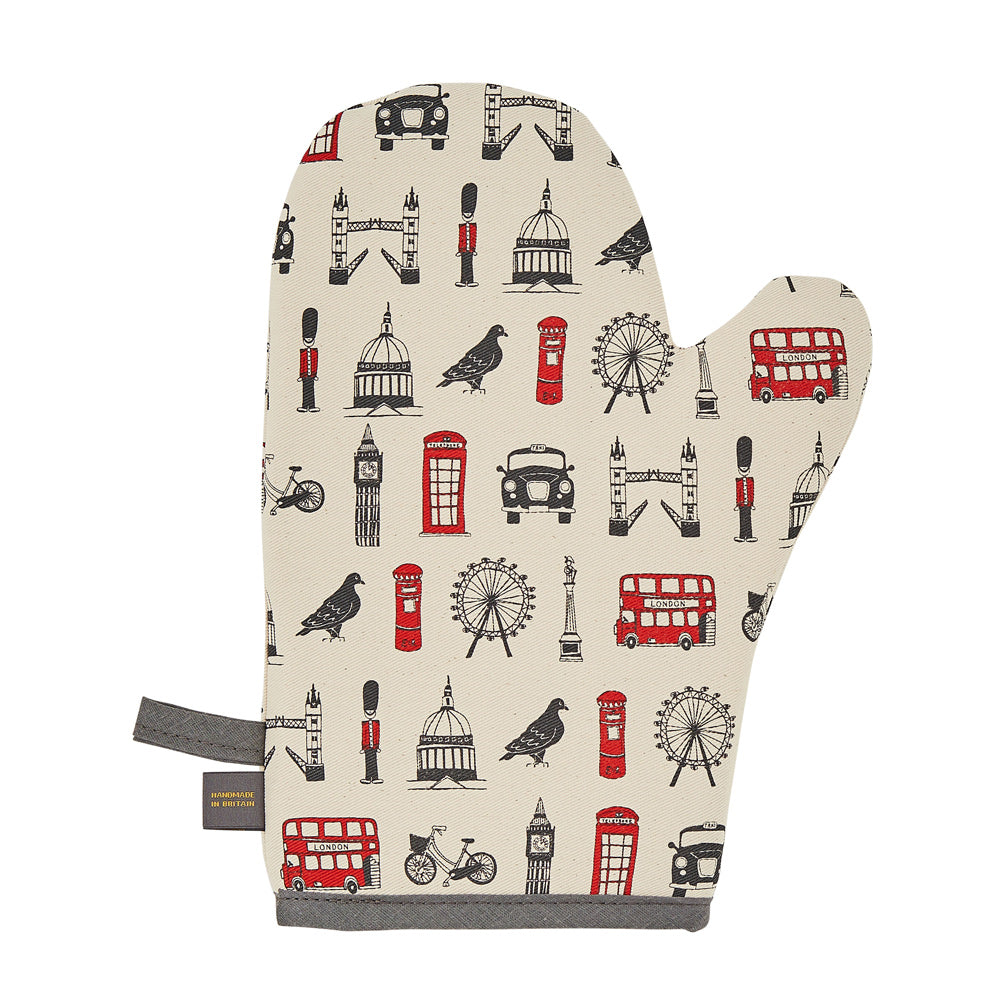 London oven mitt, Charcoal and red London over mitt, Oven mitt with London design, Oven mitt featuring iconic London landscapes, Oven mitt with London Eye, London Oven mitt gift, London kitchen gifts, Iconic London kitchen gifts