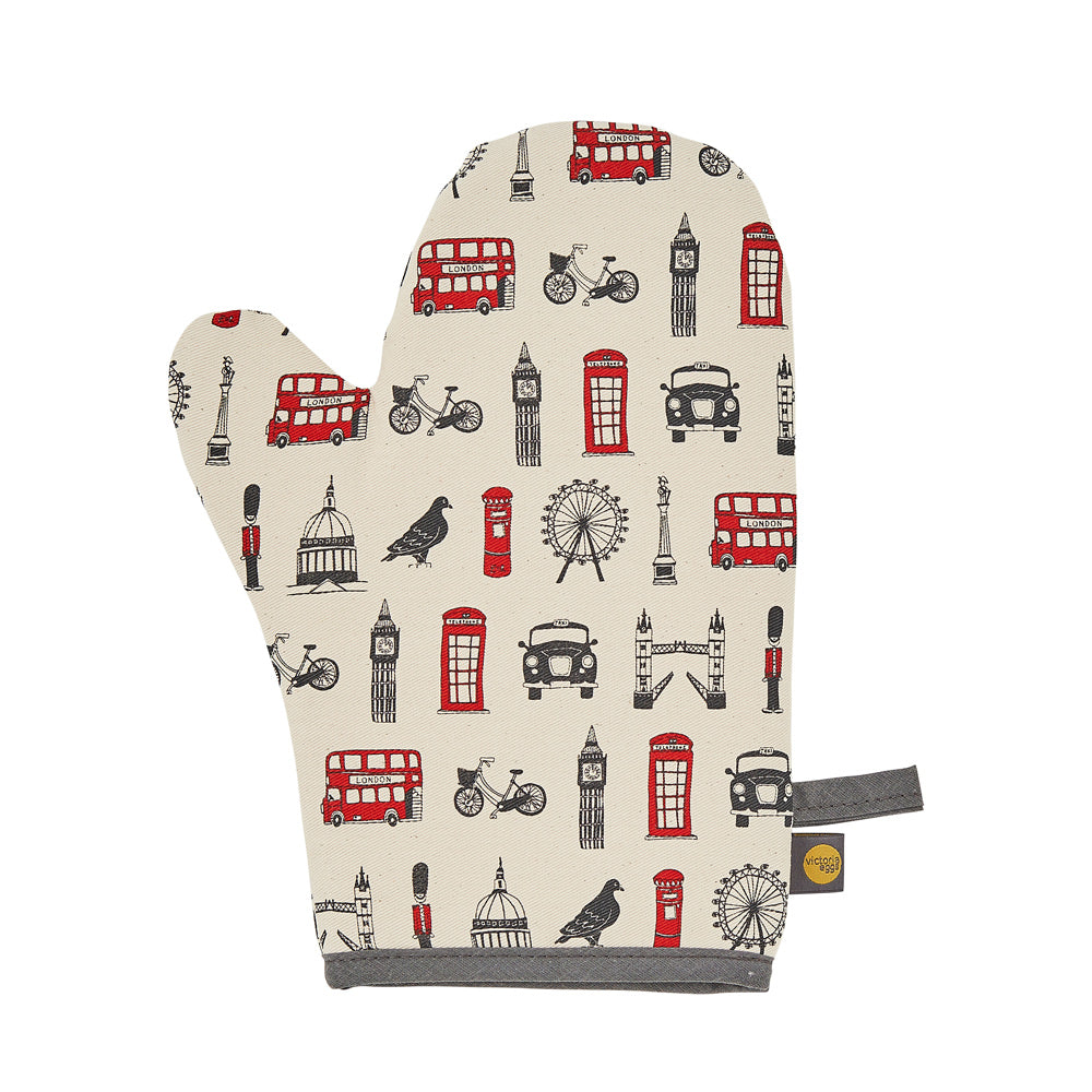 London oven mitt, Charcoal and red London over mitt, Oven mitt with London design, Oven mitt featuring iconic London landscapes, Oven mitt with London Eye, London Oven mitt gift, London kitchen gifts, Iconic London kitchen gifts