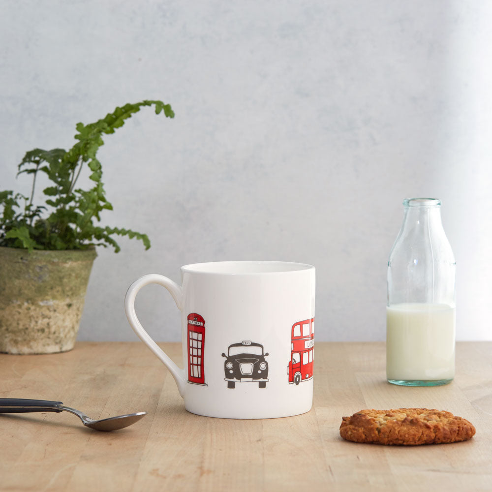 London fine bond china mug, London china mug, Mug featuring iconic London landscapes, Hand illustrated London icons mug, Simple London mug, Red London Bus mug, White China London Mug, Charcoal and Red London china mug