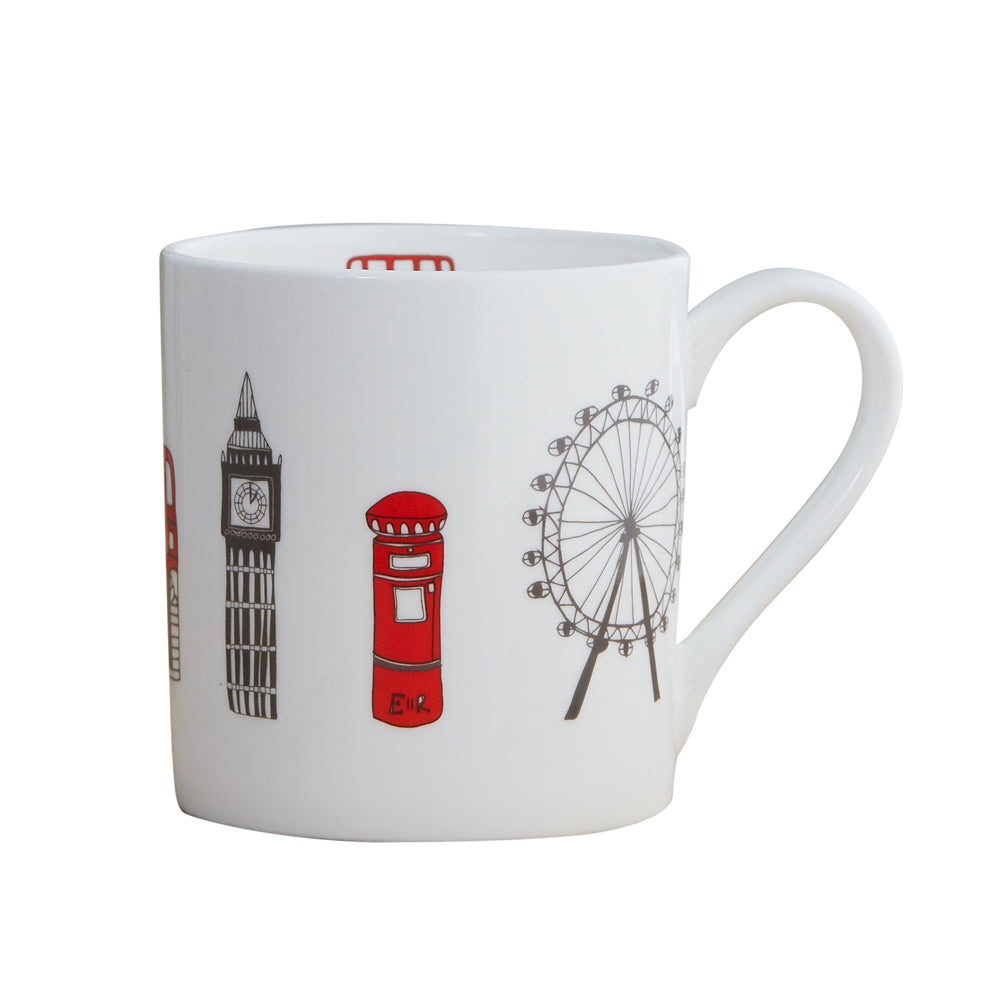 London fine bond china mug, London china mug, Mug featuring iconic London landscapes, Hand illustrated London icons mug, Simple London mug, Red London Bus mug, White China London Mug, Charcoal and Red London china mug 