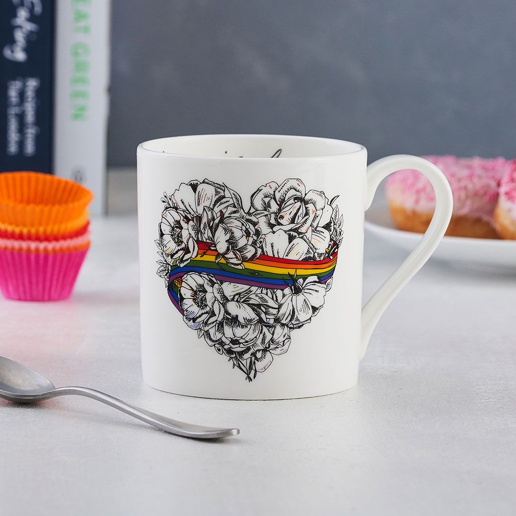 Love is Love, LGBTQ, Gay Pride mug, fine bone china, rainbow, heart, roses, hand decorated, made in Britain, Victoria Eggs. Rainbow, roses, heart shaped, illustration.