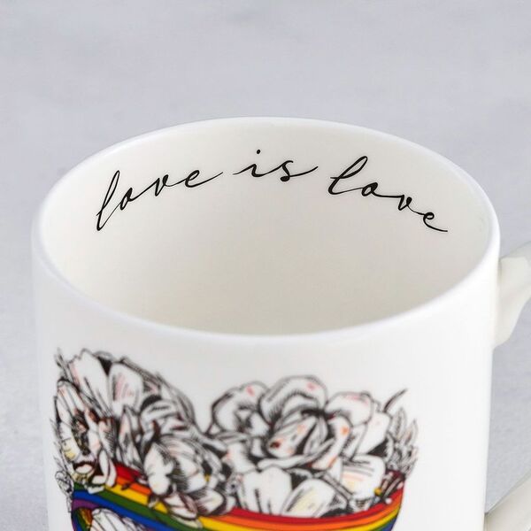 Love is Love, LGBTQ, Gay Pride mug, fine bone china, rainbow, heart, roses, hand decorated, made in Britain, Victoria Eggs. Rainbow, roses, heart shaped, illustration.