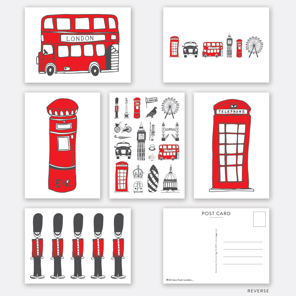 London icons post cards pack of 6, London bus, big ben, Oxo Tower, post box, taxi, telephone box, hand made in Britain, Victoria eggs,