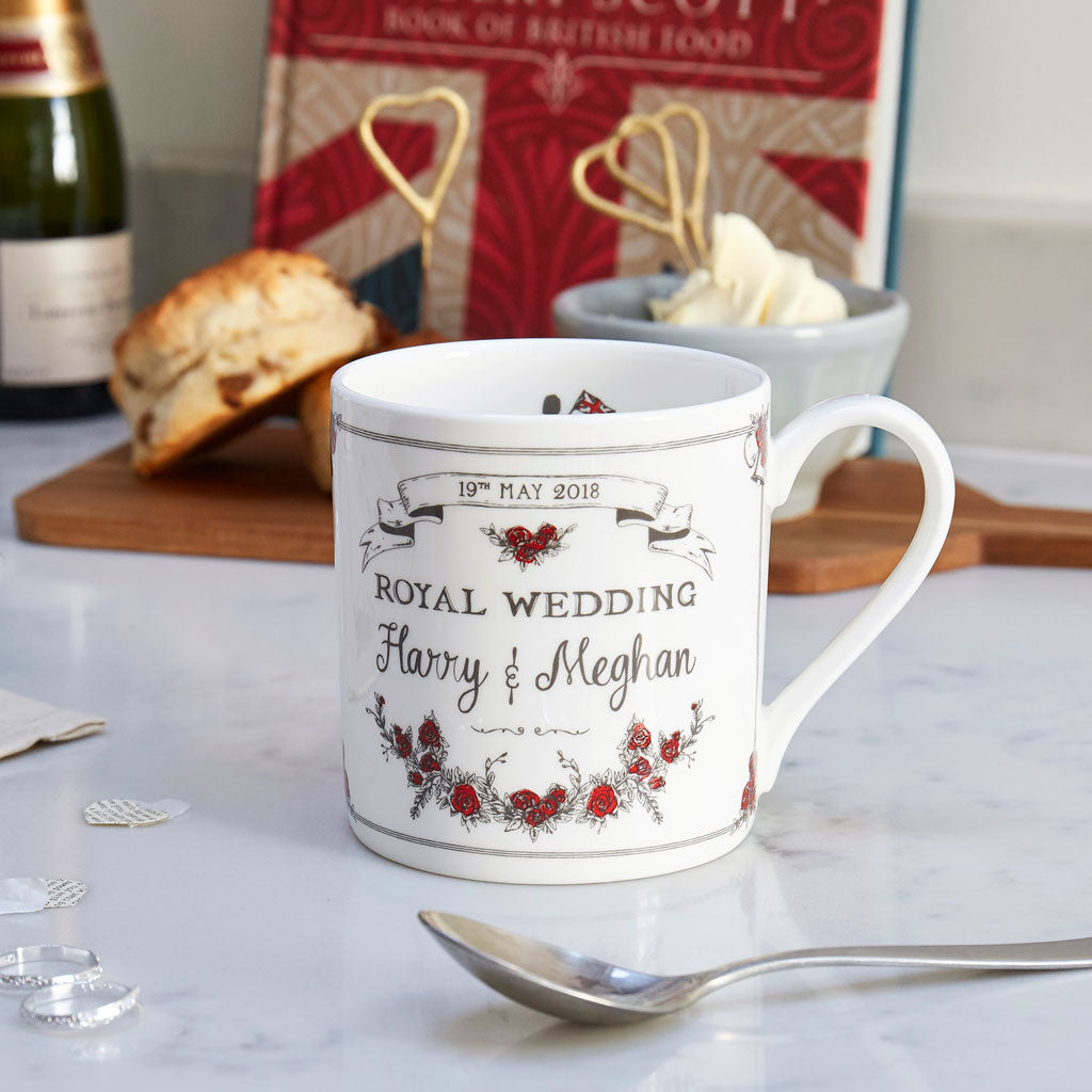 Fine bone china mug featuring royal wedding design, Fine china mug featuring hand illustrated royal wedding design, London mug featuring royal wedding design, Red and charcoal mug featuring royal wedding design