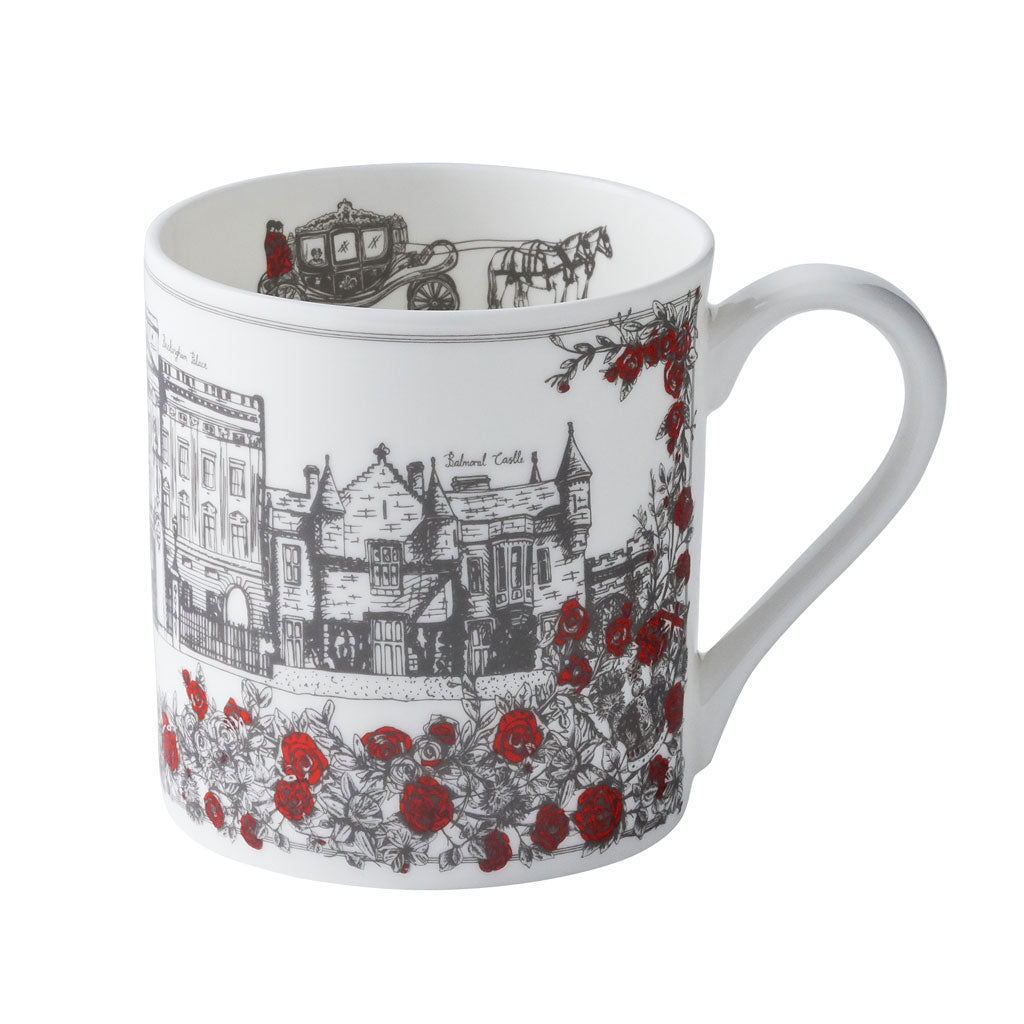 Fine bone china mug featuring design of iconic royal design, Red and charcoal fine china mug featuring Buckingham Palace, London mug featuring Buckingham palace and Windsor Castle, London mug featuring royal design and pattern in charcoal and red