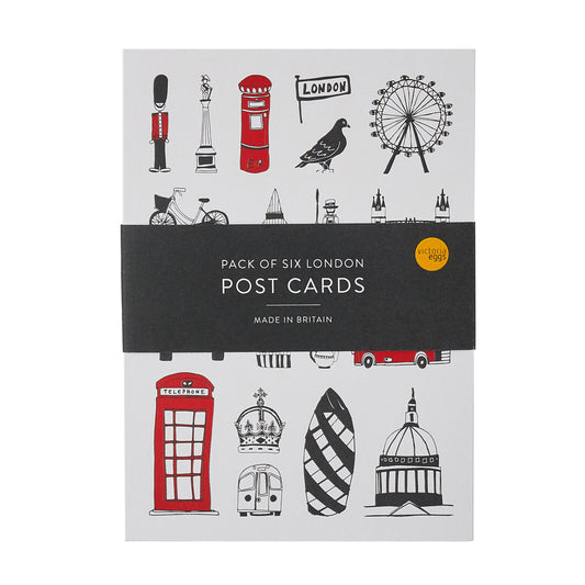 London icons post cards pack of 6, London bus, big ben, Oxo Tower, post box, taxi, telephone box, hand made in Britain, Victoria eggs,