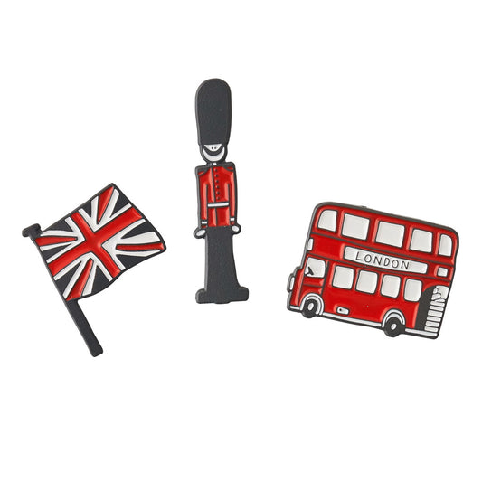 London Bus, Queen's Guard, & Union Jack Enamel Pin Badges - GIFT SET of 3