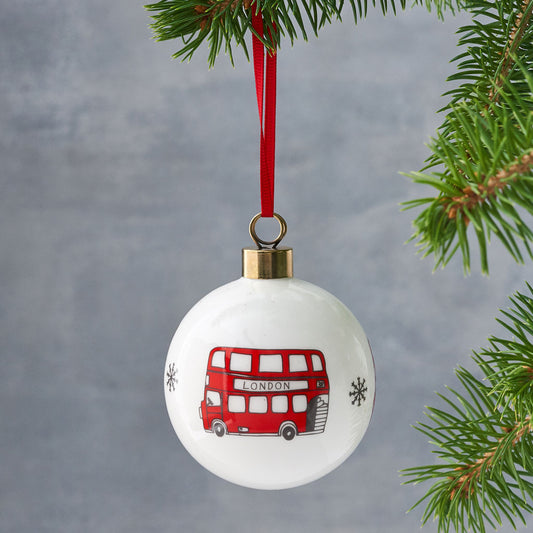 London bus Christmas ornament, Hand illustrated London bus bauble, London Christmas ornament, Iconic London bauble, Red double decker bus ornament, London glass ornament