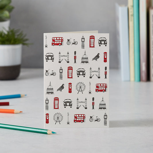 Greeting card with repeating London design, Greeting card with London telephone box, London stationary set, Greeting card with iconic London landscapes, Charcoal and red London greeting card, hand illustrated London greeting card
