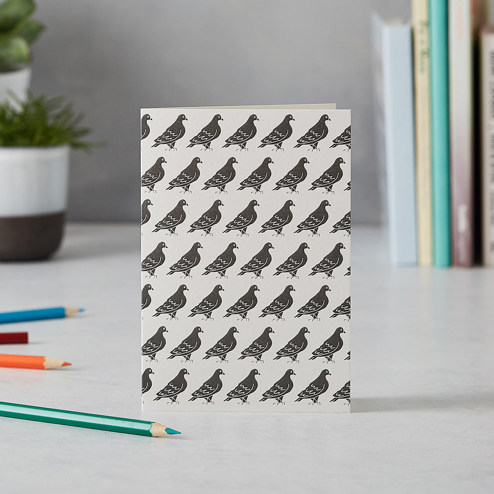Greeting card with repeating pigeon design, Black and white pigeon greeting card, London Pigeon stationary, Iconic London greeting card, Hand illustrated London greeting card