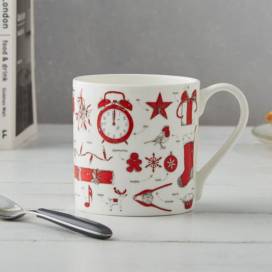 Fine bone china Christmas mug featuring repeating Christmas icon design, Fine china Christmas mug featuring various Christmas icons such as snowflakes and Santa's sleigh, Hand illustrated Christmas designs printed on fine bone china mug, Red and charcoal