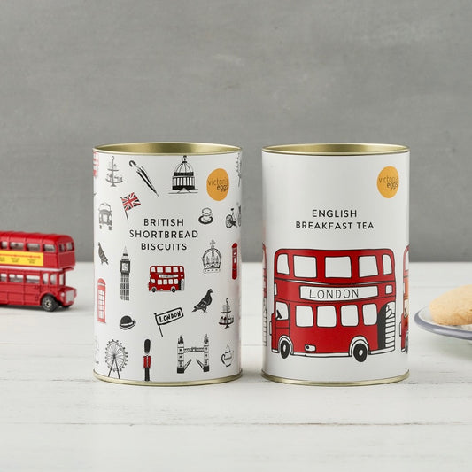 Tea and biscuit tin gift set, London tea and biscuits gift, Simple London gift, Edible London gift set, Set of 2 tea and biscuits gift, British made tea and biscuits, Hand illustrated London tea and biscuit gift set