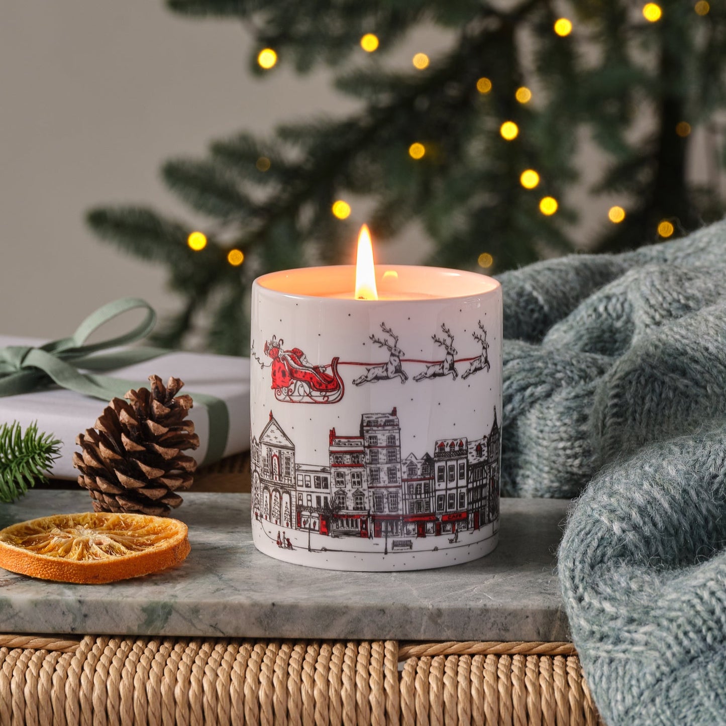 GIFT SET Santa's Sleigh Winter Forest Luxury Christmas Candle and Santa's Sleigh Tea Towel