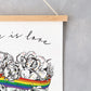 Love is Love, LGBTQ, Gay Pride, A3 print, A4 print, giclee print, wall art, digital print, rainbow, heart, roses, hand decorated, handmade in Britain, Victoria Eggs. Rainbow, roses, heart shaped, illustration.