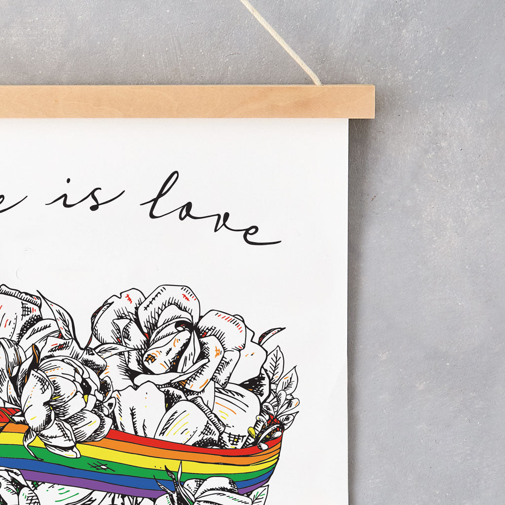 Love is Love, LGBTQ, Gay Pride, A3 print, A4 print, giclee print, wall art, digital print, rainbow, heart, roses, hand decorated, handmade in Britain, Victoria Eggs. Rainbow, roses, heart shaped, illustration.