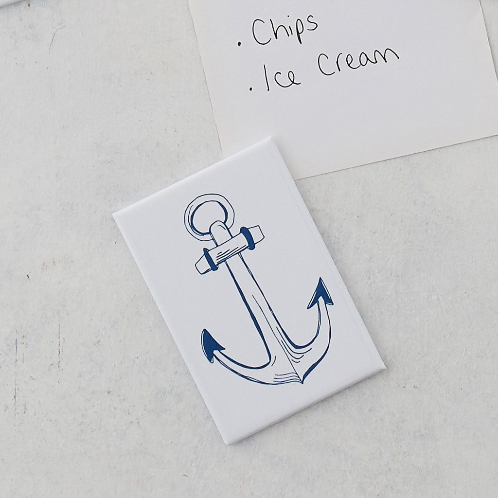 Nautical anchor fridge magnet in white and navy, Fridge magnet featuring navy blue nautical anchor design, Rectangular magnet featuring navy blue anchor design