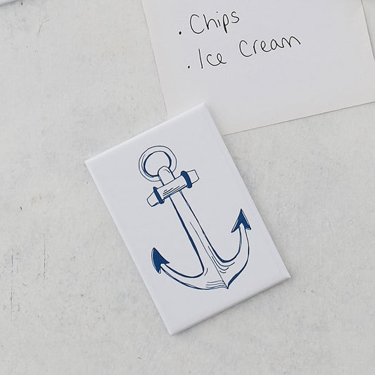 Nautical anchor fridge magnet in white and navy, Fridge magnet featuring navy blue nautical anchor design, Rectangular magnet featuring navy blue anchor design