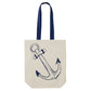 Double sided canvas bag featuring nautical design of an anchor and sailboat, Nautical canvas bag featuring both an anchor and sailboat design in navy, Reusable nautical bag featuring large anchor and sailboat design in navy