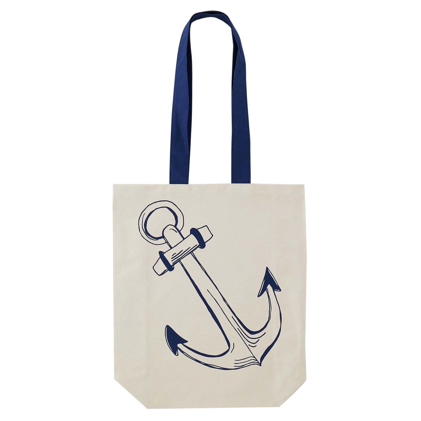 Double sided canvas bag featuring nautical design of an anchor and sailboat, Nautical canvas bag featuring both an anchor and sailboat design in navy, Reusable nautical bag featuring large anchor and sailboat design in navy