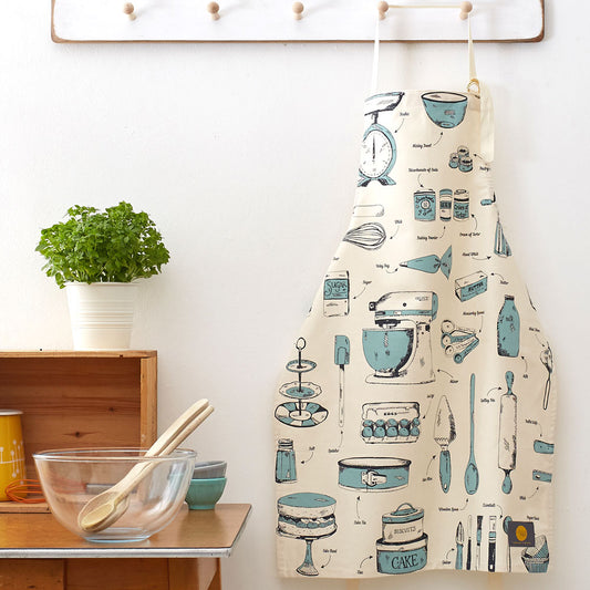 Apron featuring repeating kitchen items design in teal, Charcoal and teal kitchen items design apron, Unisex kitchen apron featuring various baking items 