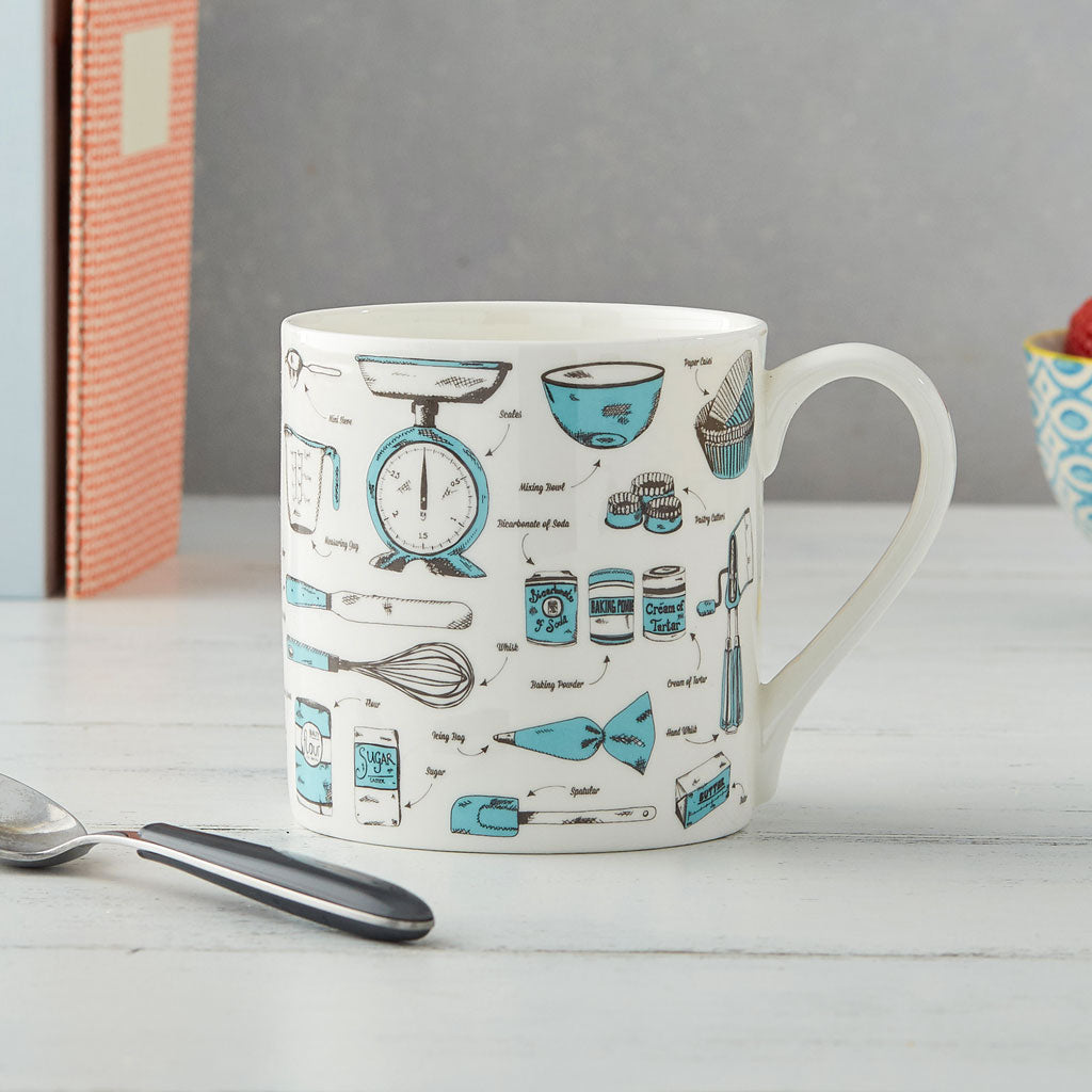 Fine bone china mug featuring repeating design of teal and charcoal baking items, Teal and charcoal fine china mug featuring repeating kitchen tools design, Hand illustrated baking mug in teal and charcoal