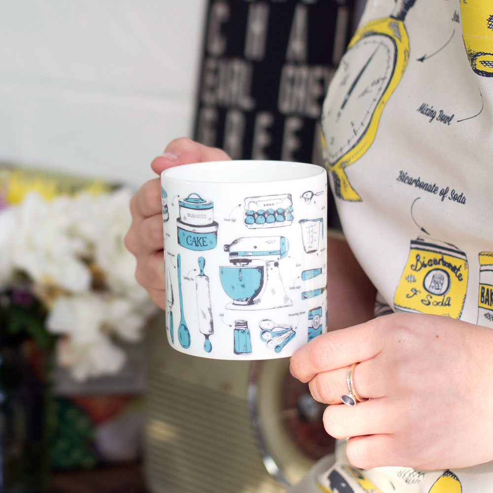 Fine bone china mug featuring repeating design of teal and charcoal baking items, Teal and charcoal fine china mug featuring repeating kitchen tools design, Hand illustrated baking mug in teal and charcoal