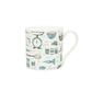 Fine bone china mug featuring repeating design of teal and charcoal baking items, Teal and charcoal fine china mug featuring repeating kitchen tools design, Hand illustrated baking mug in teal and charcoal