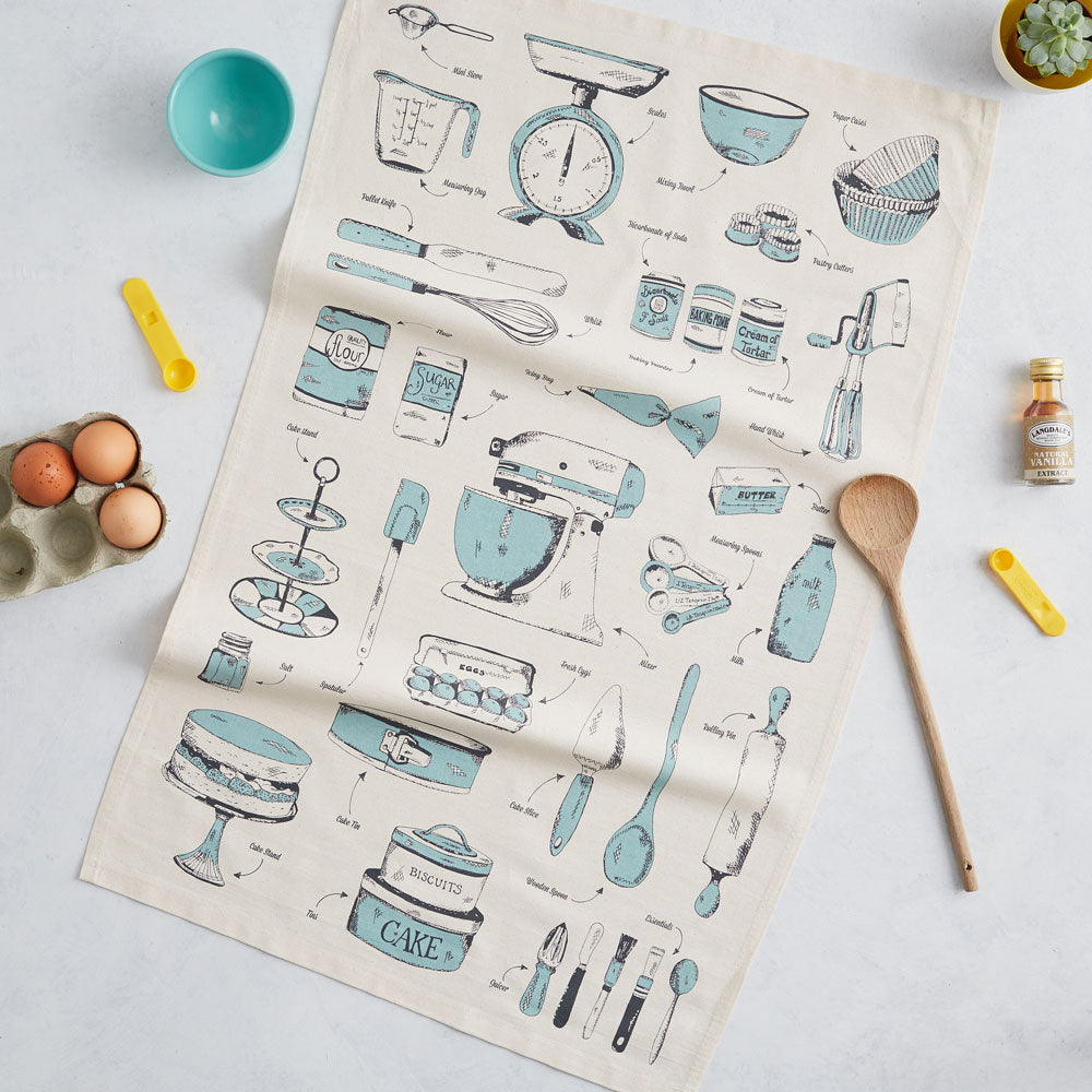 Tea towel featuring repeating teal and charcoal design of baking items, Kitchen towel featuring repeating pattern of baking tools, Dish towel featuring repeating pattern of kitchen tools, Teal and charcoal tea towel featuring baking items 