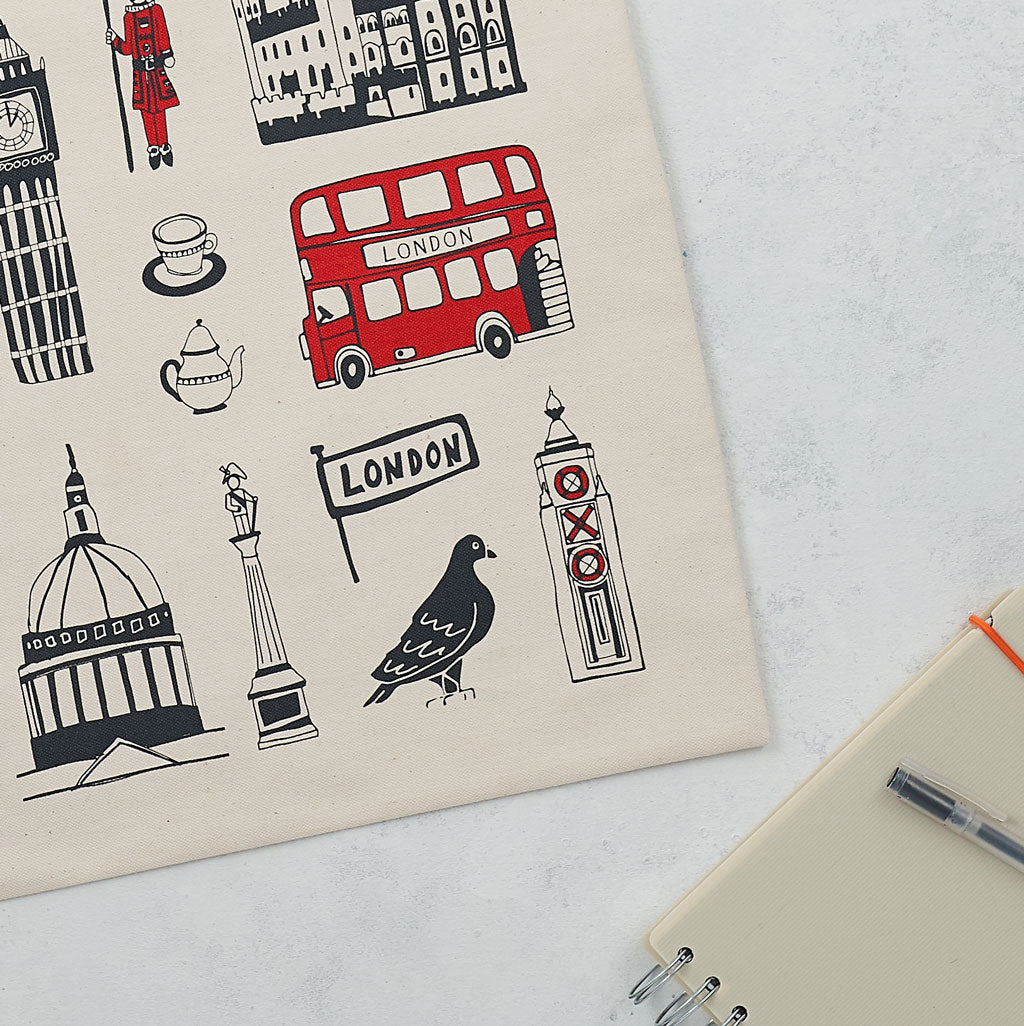 London icons Canvas shopper bag, London bus, big ben, Oxo Tower, post box, taxi, telephone box, hand made in Britain, Victoria eggs, 