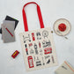London icons Canvas shopper bag, London bus, big ben, Oxo Tower, post box, taxi, telephone box, hand made in Britain, Victoria eggs, 
