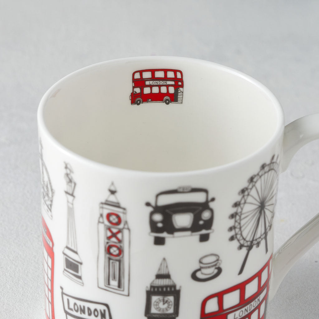 London icons Mug, London bus, big ben, Oxo Tower, post box, taxi, telephone box, fine bone china mug, hand decorated, made in Britain, Victoria eggs, 