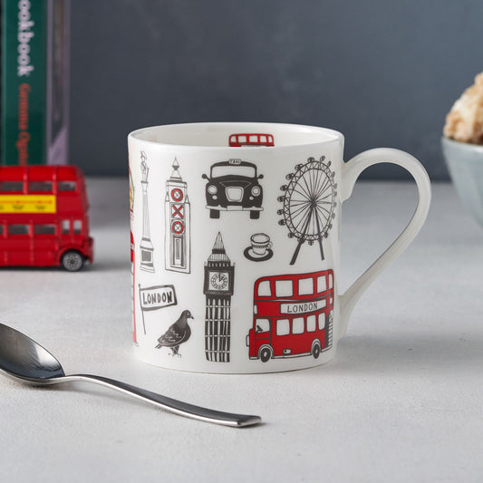 London icons Mug, London bus, big ben, Oxo Tower, post box, taxi, telephone box, fine bone china mug, hand decorated, made in Britain, Victoria eggs, 