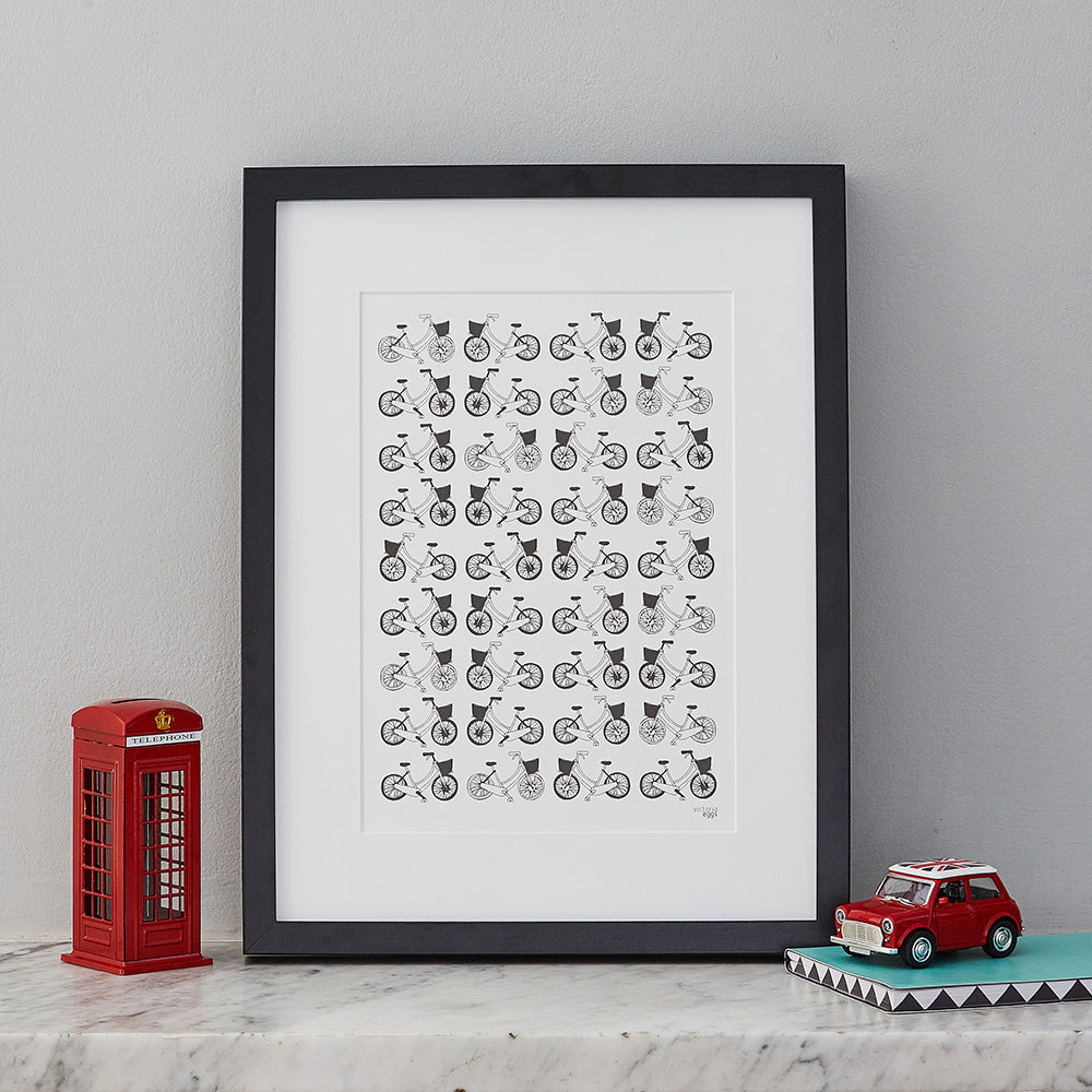 Hand-illustrated wall print, repeat print featuring bicycles, London bicycles print, Victoria Eggs bicycle print, Black and White Bicycle print, wall print featuring repeating bicycle print