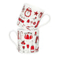Fine bone china Christmas mug featuring repeating Christmas icon design, Fine china Christmas mug featuring various Christmas icons such as snowflakes and Santa's sleigh, Hand illustrated Christmas designs printed on fine bone china mug, Red and charcoal 