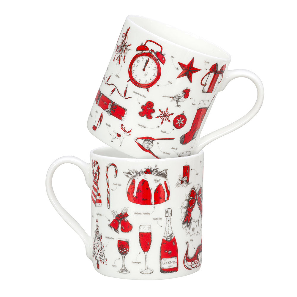 Fine bone china Christmas mug featuring repeating Christmas icon design, Fine china Christmas mug featuring various Christmas icons such as snowflakes and Santa's sleigh, Hand illustrated Christmas designs printed on fine bone china mug, Red and charcoal 