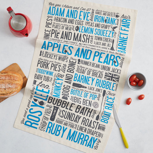 Tea towel with repeating written design of cockney phrases, Tea towel in charcoal and blue cockney slang, Kitchen towel featuring cockney slang, Dish towel featuring written design of cockney slang, Dish towel featuring iconic East London slang
