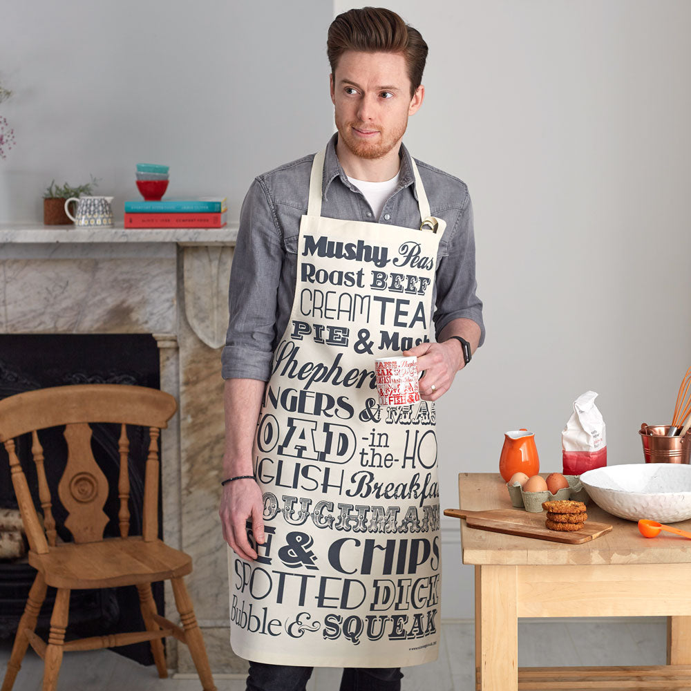 Kitchen apron featuring classic English dinner meals design, Kitchen apron with traditional British meals, Unisex apron featuring repeating traditional English meals, Fish and chips kitchen apron 