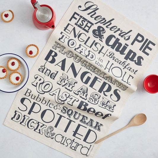 Tea towel featuring repeating pattern of traditional English dinners and meals, Kitchen towel featuring tradition English meals, Dish towel featuring charcoal design of English meals