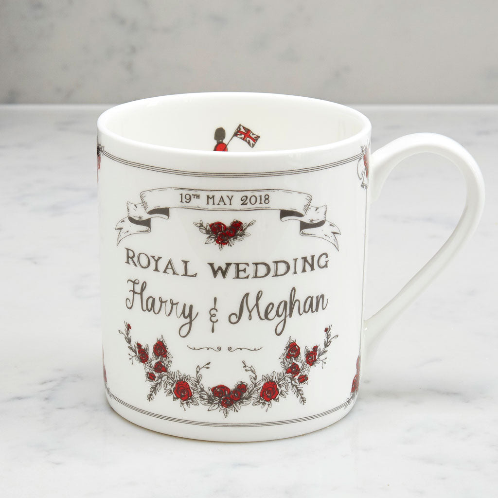 Fine bone china mug featuring royal wedding design, Fine china mug featuring hand illustrated royal wedding design, London mug featuring royal wedding design, Red and charcoal mug featuring royal wedding design 