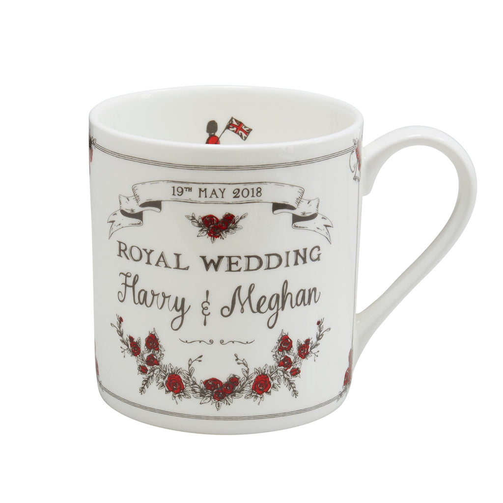 Fine bone china mug featuring royal wedding design, Fine china mug featuring hand illustrated royal wedding design, London mug featuring royal wedding design, Red and charcoal mug featuring royal wedding design 