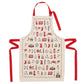 Children's London Christmas apron featuring repeating London landmarks, Kids kitchen apron featuring iconic London Christmas icons, Children's Christmas kitchen apron with red strap, Cotton Children's Christmas apron featuring ice skates and The London Ey