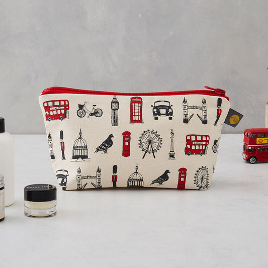 London cosmetic bag, London pencil case, London pencil case for children, Red and charcoal cosmetic bag, London themed cosmetic bag, Cosmetic bag featuring repeating London icons design, zip up London cosmetic bag, waterproof London cosmetic bag, Makeup a