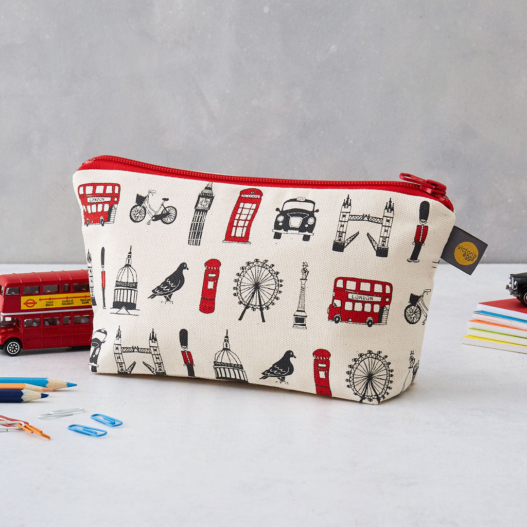 Children's London pencil case, London pencil case for children, Pencil case featuring iconic London landscapes, Children's London pencil case for school, London school supplies carrier, Pencil case with double decker bus, waterproof London pencil case