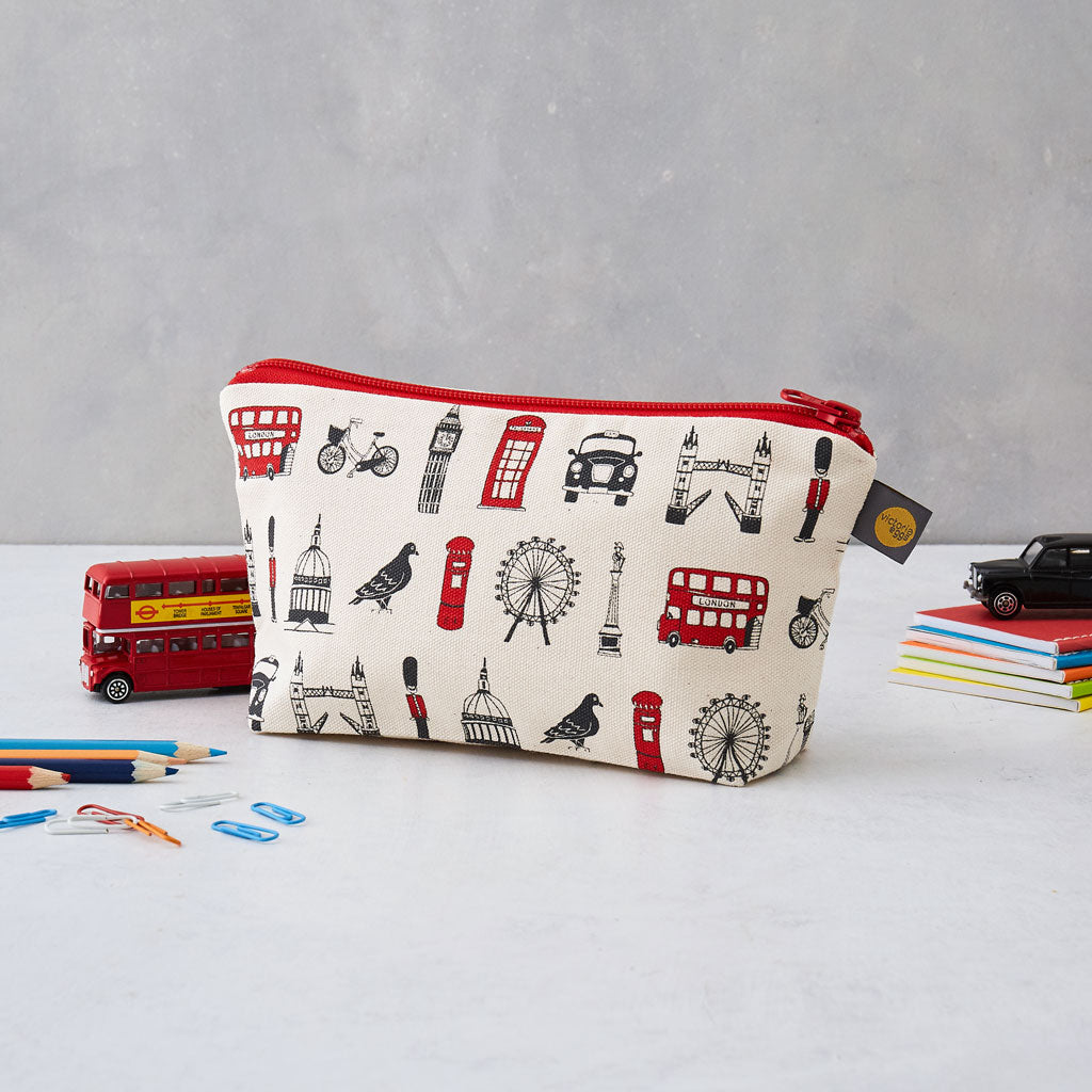 Children's London pencil case, London pencil case for children, Pencil case featuring iconic London landscapes, Children's London pencil case for school, London school supplies carrier, Pencil case with double decker bus, waterproof London pencil case