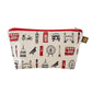 London cosmetic bag, London pencil case, London pencil case for children, Red and charcoal cosmetic bag, London themed cosmetic bag, Cosmetic bag featuring repeating London icons design, zip up London cosmetic bag, waterproof London cosmetic bag, Makeup a