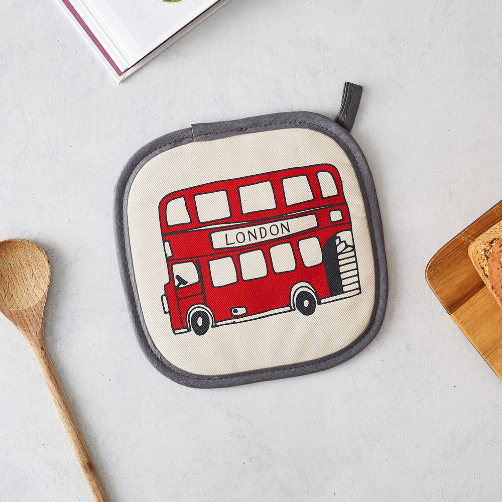 Pot grab featuring iconic London landscapes, Red London double decker bus pot grab, London kitchen accessories, Charcoal and red London pot grab, London kitchen gifts, Hand illustrated London pot grab