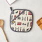 Pot grab featuring iconic London landscapes, Red London double decker bus pot grab, London kitchen accessories, Charcoal and red London pot grab, London kitchen gifts, Hand illustrated London pot grab