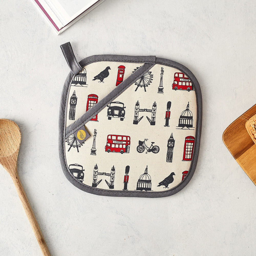 Pot grab featuring iconic London landscapes, Red London double decker bus pot grab, London kitchen accessories, Charcoal and red London pot grab, London kitchen gifts, Hand illustrated London pot grab